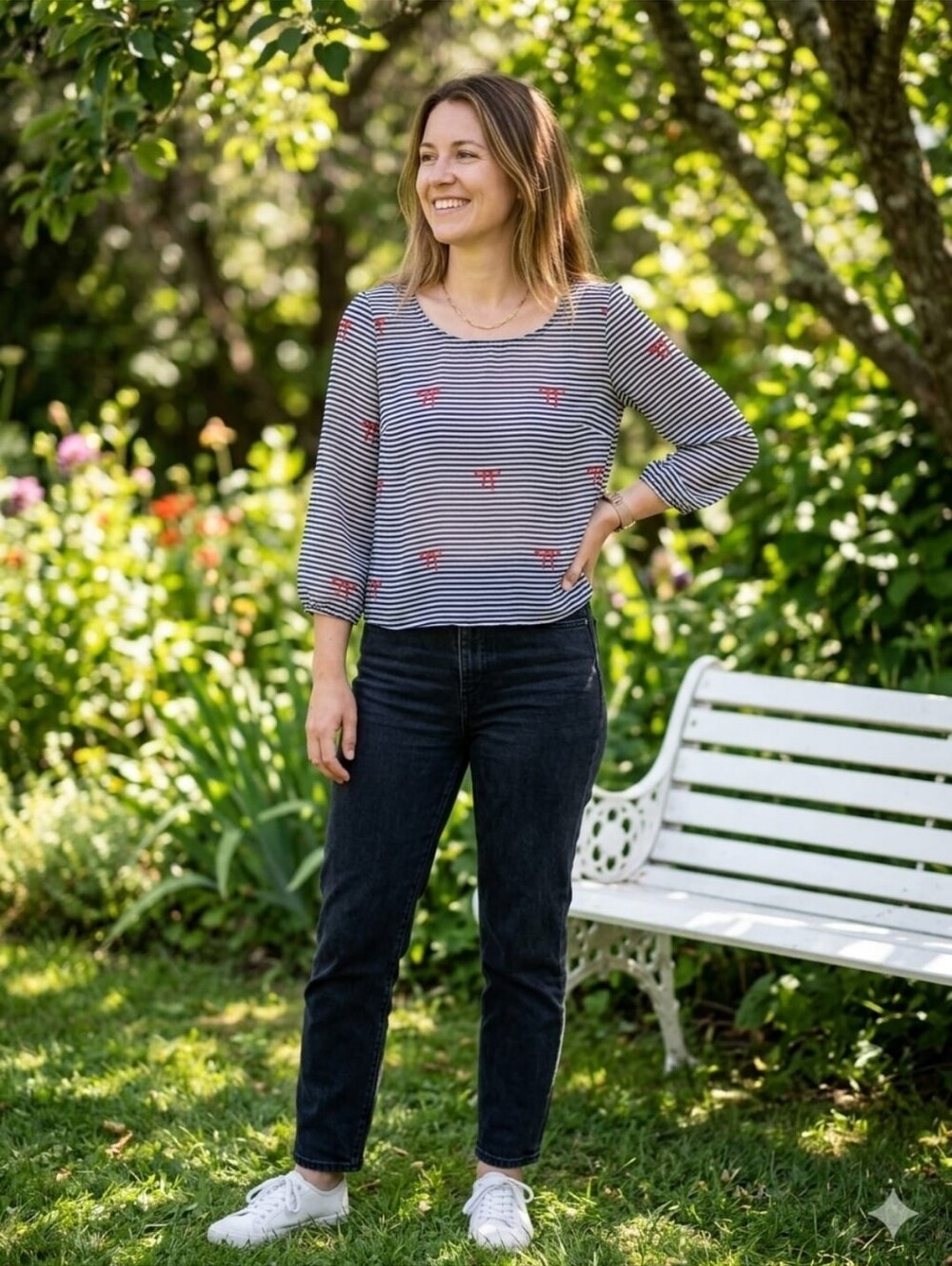 Timing Navy & White Striped Top with Red Accent